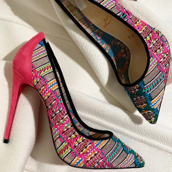 Christian Louboutin Follies Lace 100 Pink Black Hippie Suede Mesh Heel Pump 35.5 - Picture 5 of 12